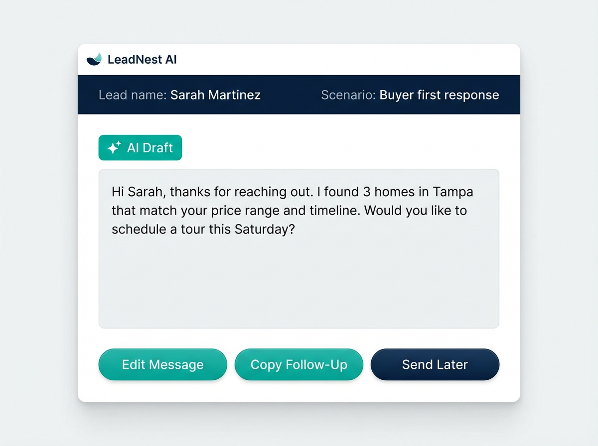 AI follow-up message editor showing a draft response for buyer Sarah Martinez with Edit Message, Copy Follow-Up, and Send Later buttons
