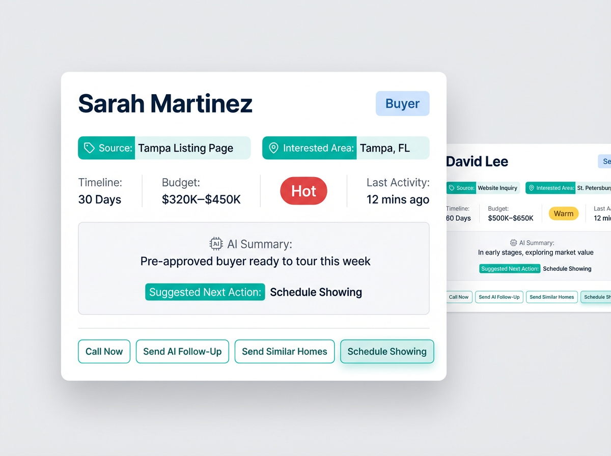 CRM lead card for Sarah Martinez showing buyer details, Hot Lead score, AI summary, and action buttons: Call Now, Send AI Follow-Up, Send Similar Homes, Schedule Showing