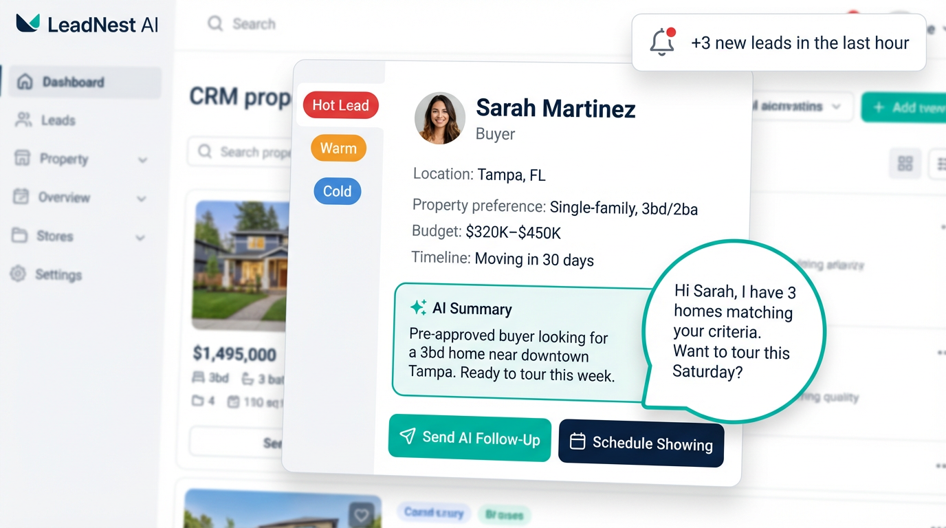 LeadNest AI CRM dashboard showing a lead card for Sarah Martinez with Hot Lead badge, AI summary, and follow-up actions
